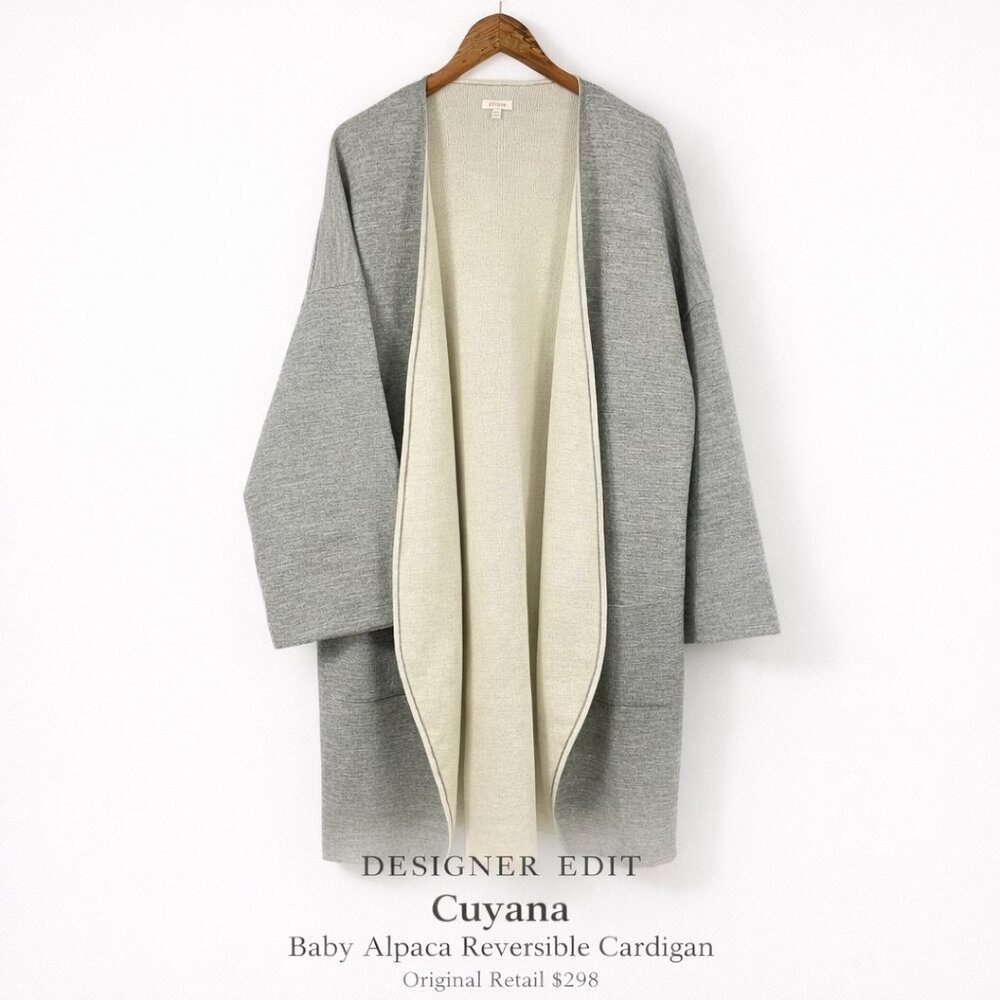 Cuyana 100% Baby Alpaca Reversible Cardigan Gray Cream M/L Peru